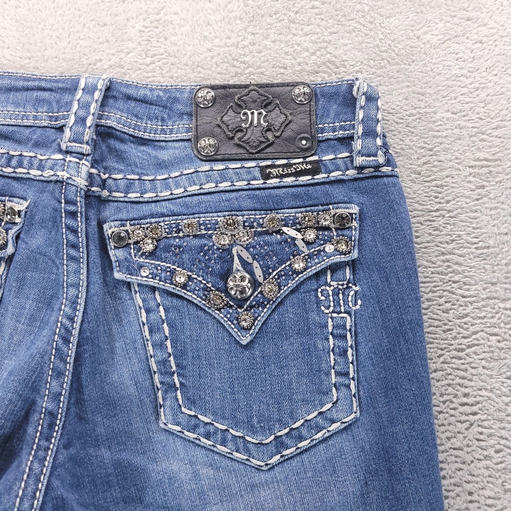 Miss Me Jeans Womens 29 Blue Low Rise Bootcut Rhinestone Flap Pockets